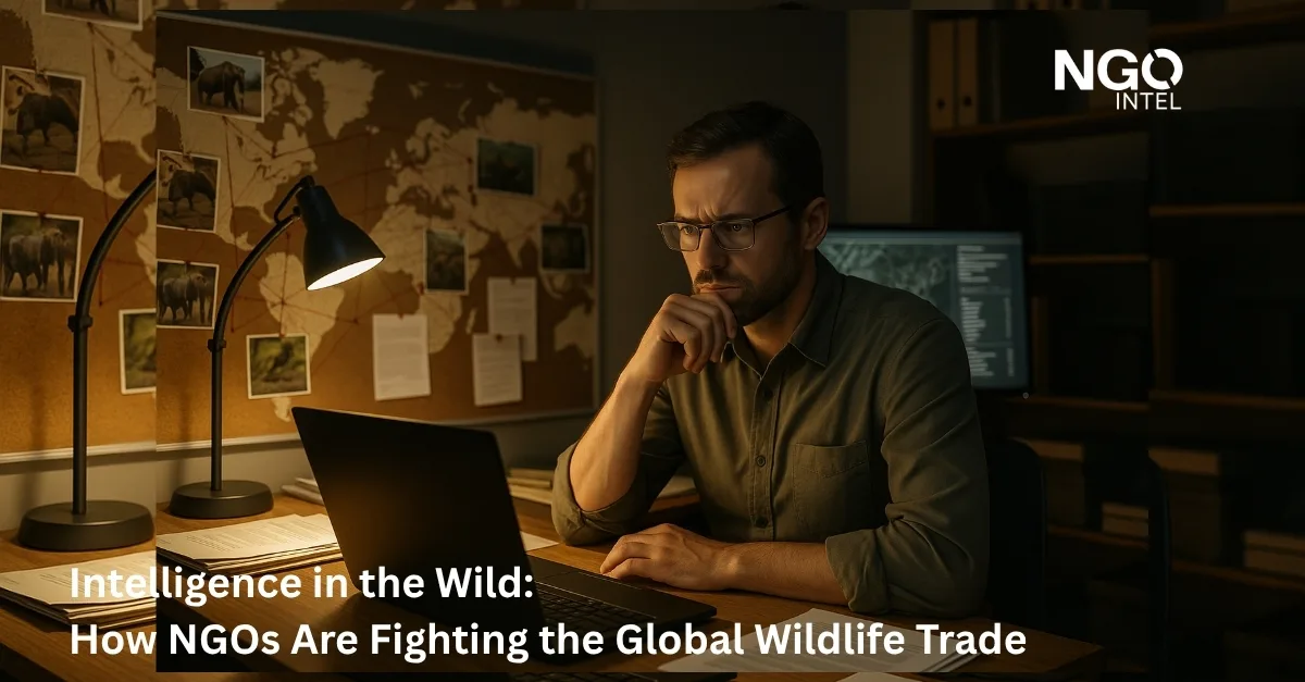 Image of Intelligence agent sitting at a desk in a dark room with a world map in the background indicating that he is fighting wildlife trade by using Intelligence in the Wild