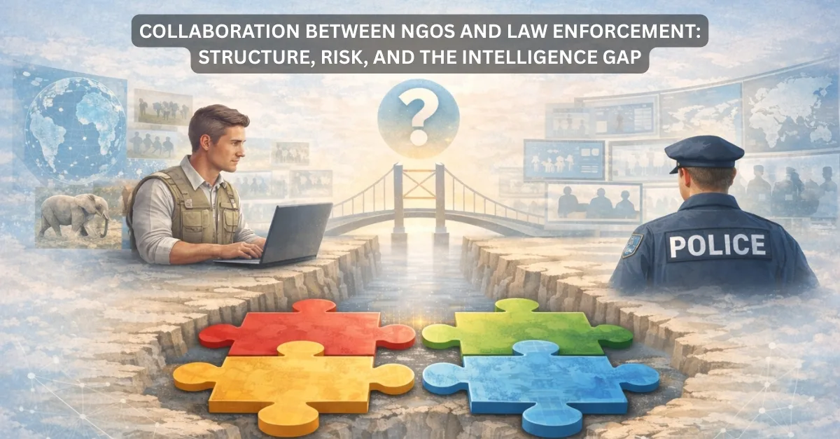 Infographic showing icons of NGO intel agents, wildlife and law enforcement to depict the blog of Collaboration Between NGOs and Law Enforcement
