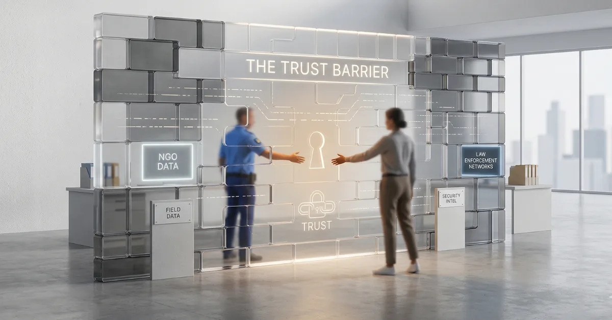 Image showing to NGO intel agents trusting each other through the trust barrier of intelligence indicating how important trust is in collaboration within the NGO realm