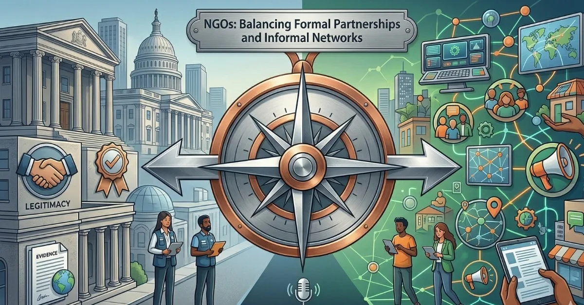 Digital Infographic showcasing Formal Partnerships and Informal Networks and using icons to explain why NGOs need both